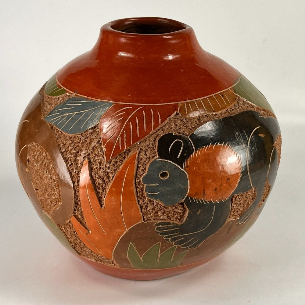 Nicaragua Vase Clay Pottery Carved Incised Monkey Folk Art Rustic 5"